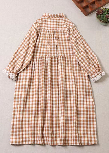 Orange Ruffled Pockets Plaid Dress Spring