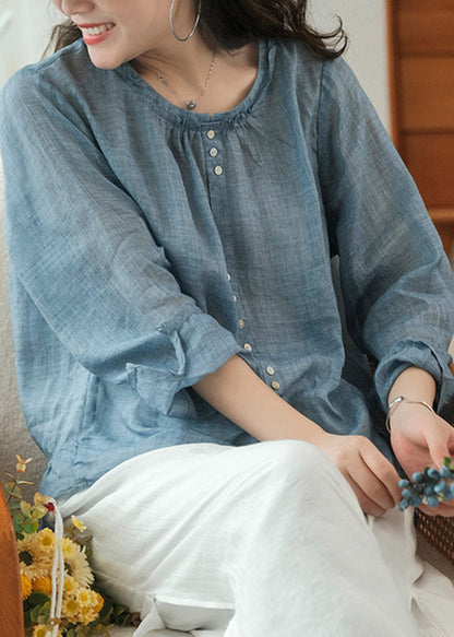 Blue Linen Shirt Top Button Ruffled Long Sleeve