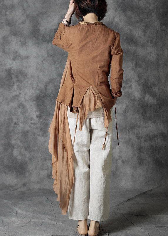 Khaki Tie Waist Patchwork Asymmetrical Design Fall Jackets Long Sleeve
