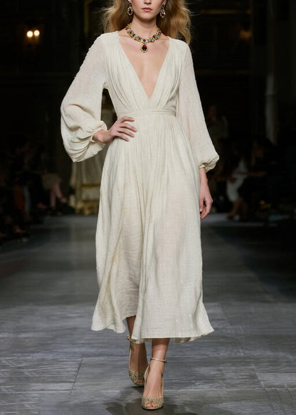 White Deep-v Neck Cotton Dress Lantern Sleeve