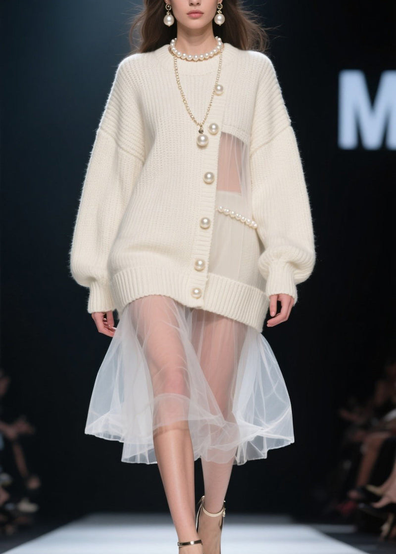 New Beige Nail Bead Tulle Patchwork Knit Sweaters Dress Fall