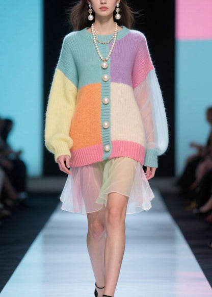 Colorblock O Neck Tulle Patchwork Knit Dress Fall