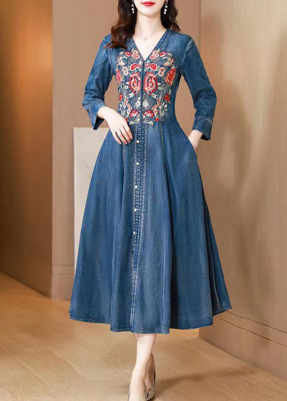 Natural Blue V Neck Embroideried Patchwork Denim Dress Long Sleeve