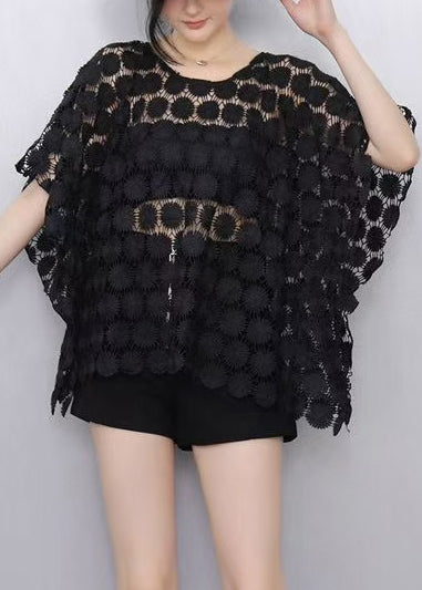 Black Hollow Out Lace Tanks Batwing Sleeve