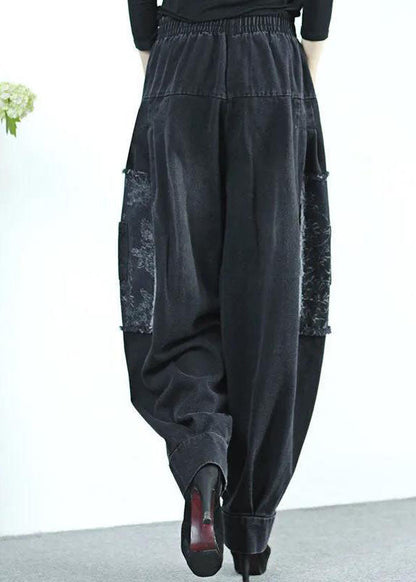 Black High Waist Pockets Wrinkled Patchwork Applique Cotton Harem Pants Fall