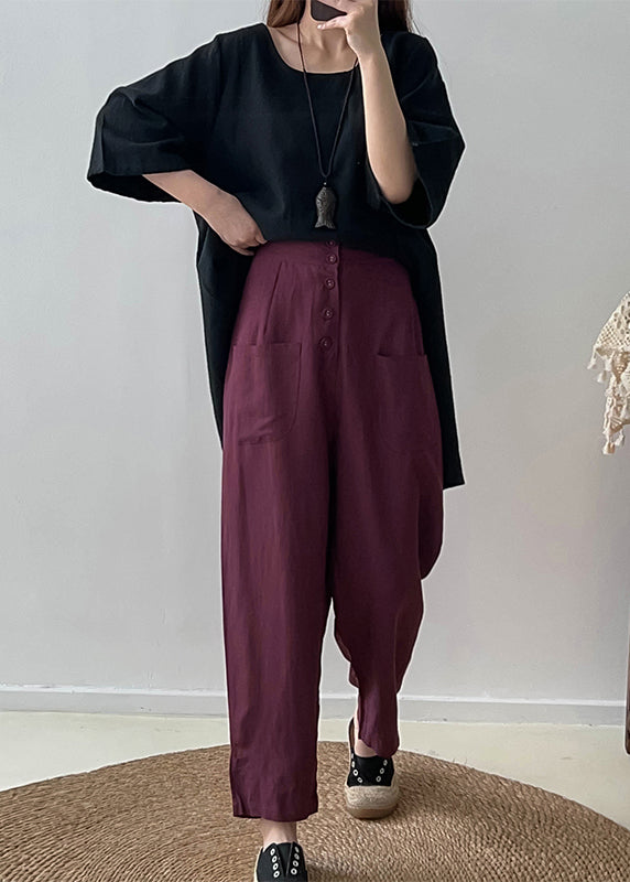 Purple High Waist Button Down Cotton Pants Trousers Fall