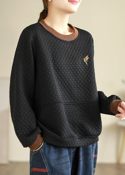 Orange O Neck Embroideried Patchwork Thick Cotton Tops Fall