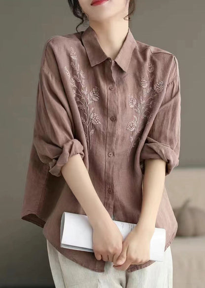 Yellow Peter Pan Collar Embroidered Button Cotton Blouse Spring