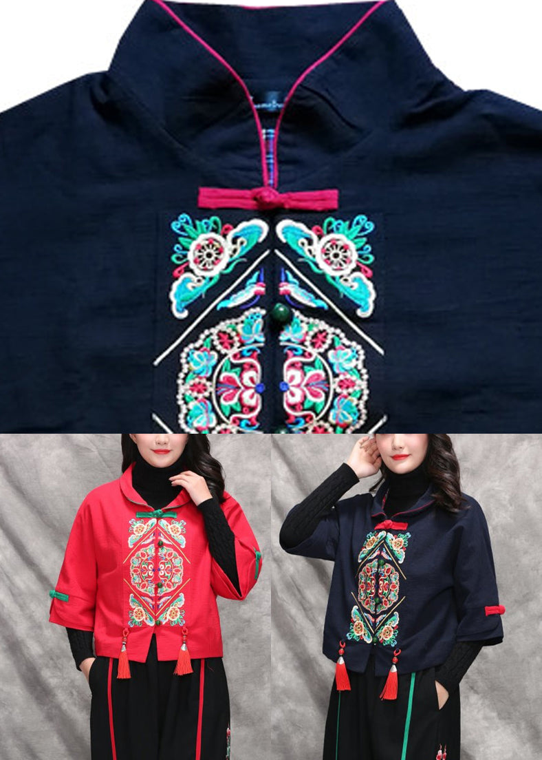 Black Peter Pan Collar Embroideried Coats Long Sleeve