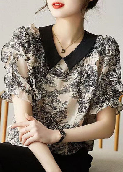 Black Peter Pan Collar Print Patchwork Chiffon Shirt Summer