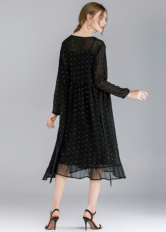 French Black O-neck Patchwork Ruffled Chiffon Dress Two Pieces Set Spring