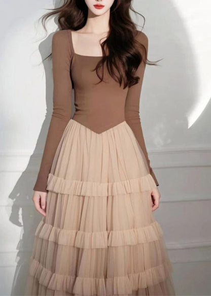 Coffee Square Collar Tulle Patchwork Long Cake Dress Spring