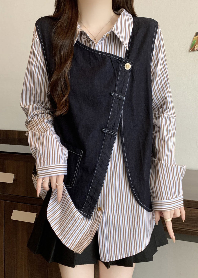 Asymmetrical Striped Cotton Fake Two Piece Top Fall