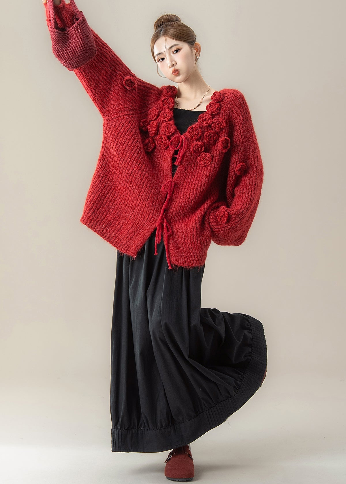 Red V Neck Knit Sweaters and Skirts Two Piece Set Winter