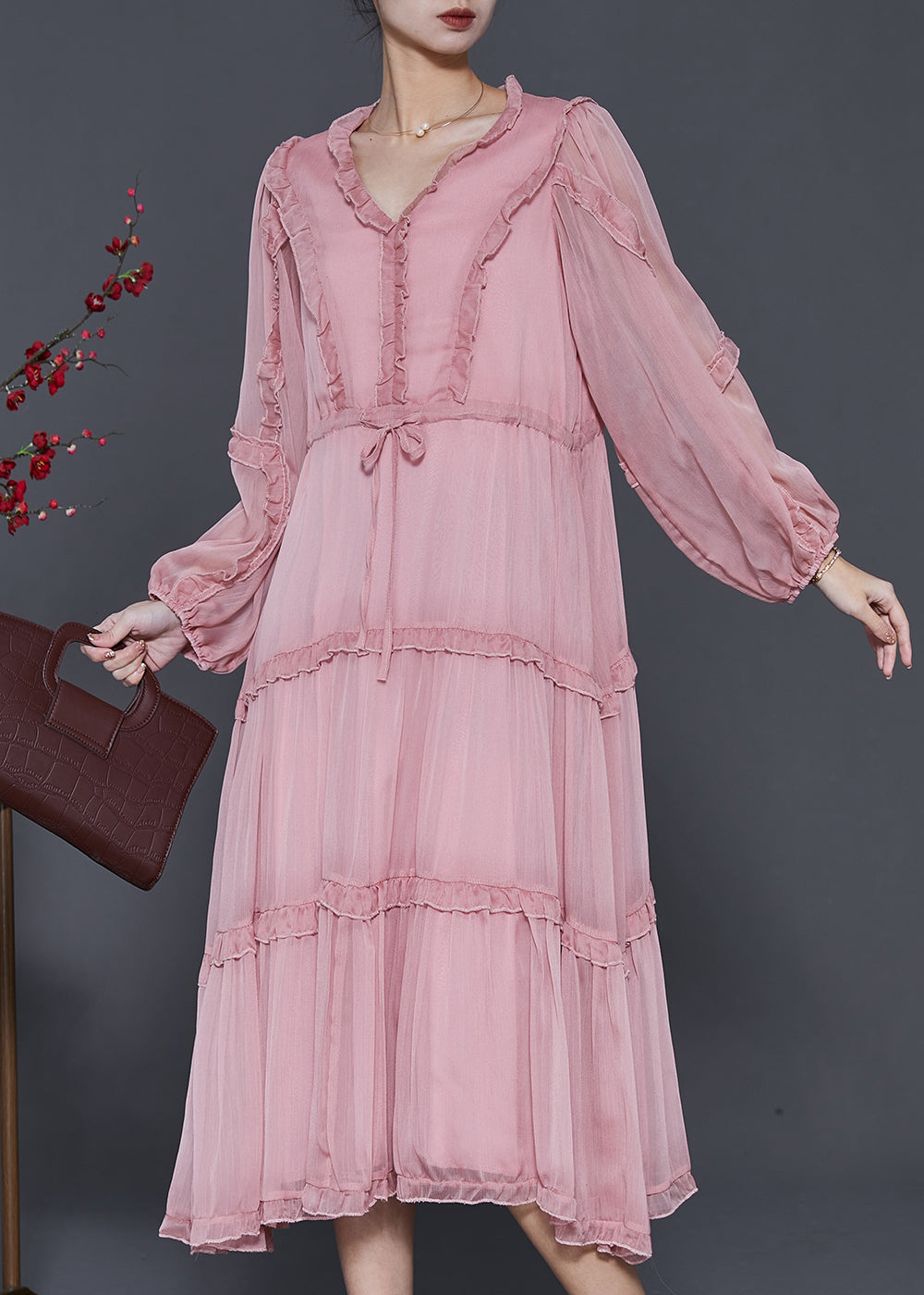 Pink Ruffled Tie Waist Chiffon Vacation Dresses Spring
