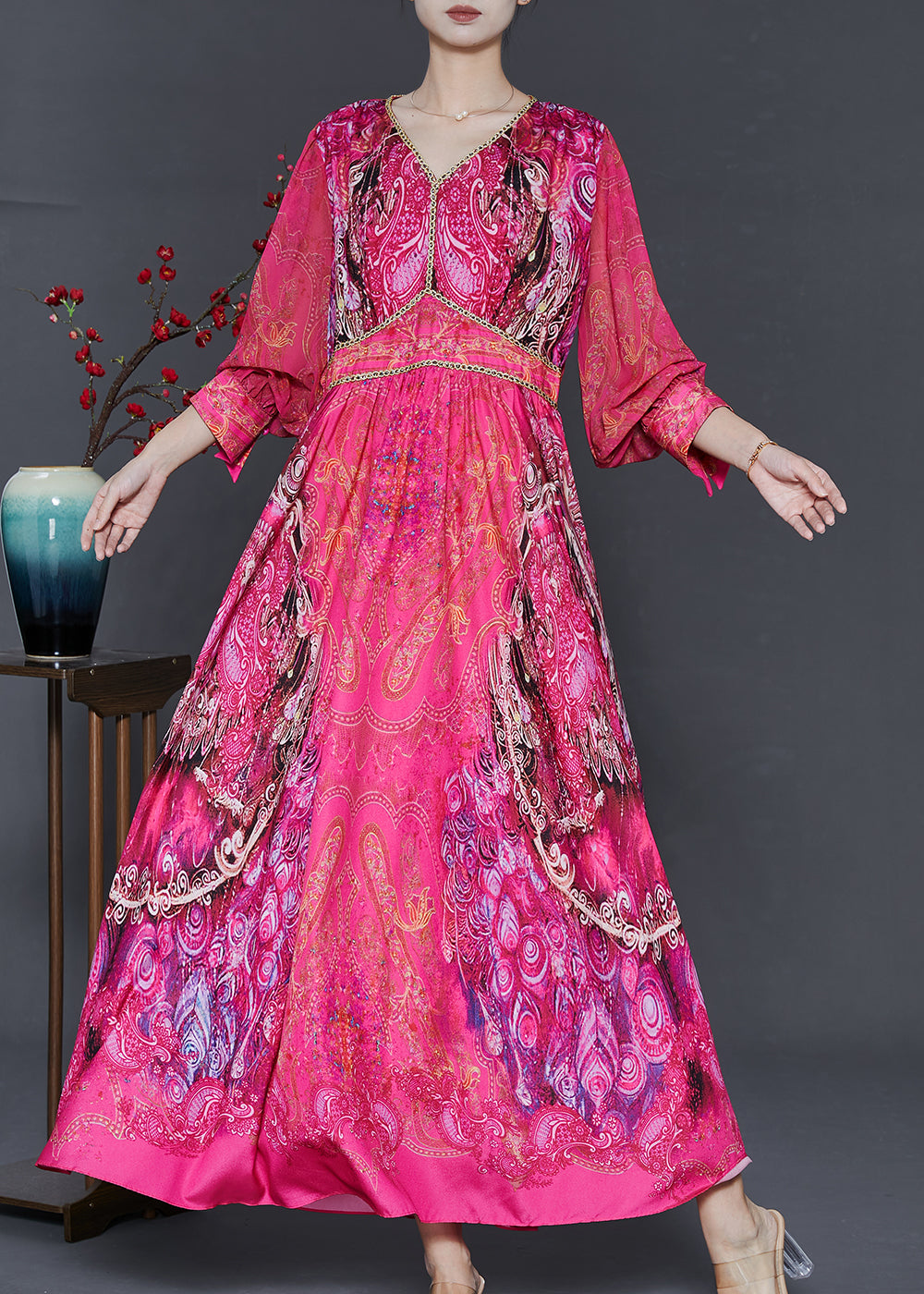 Rose V Neck Print Chiffon Style Dress Fall