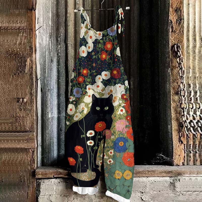 Comstylish Vintage Black Cat In Garden Printed Casual Jumpsuit