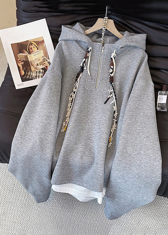 Grey Hooded Zippered False Two Pieces Cotton Sweatshirts Top Fall