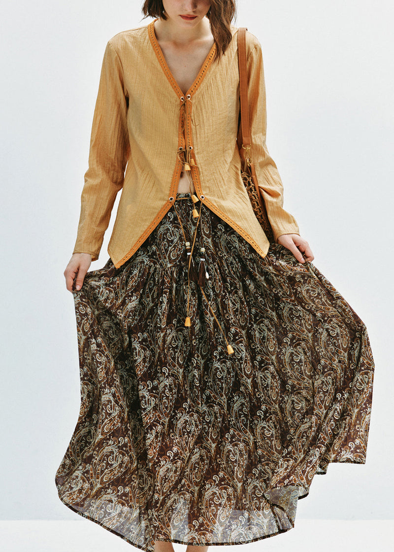 Italian Yellow V Neck Lace Up Cotton Shirt Fall