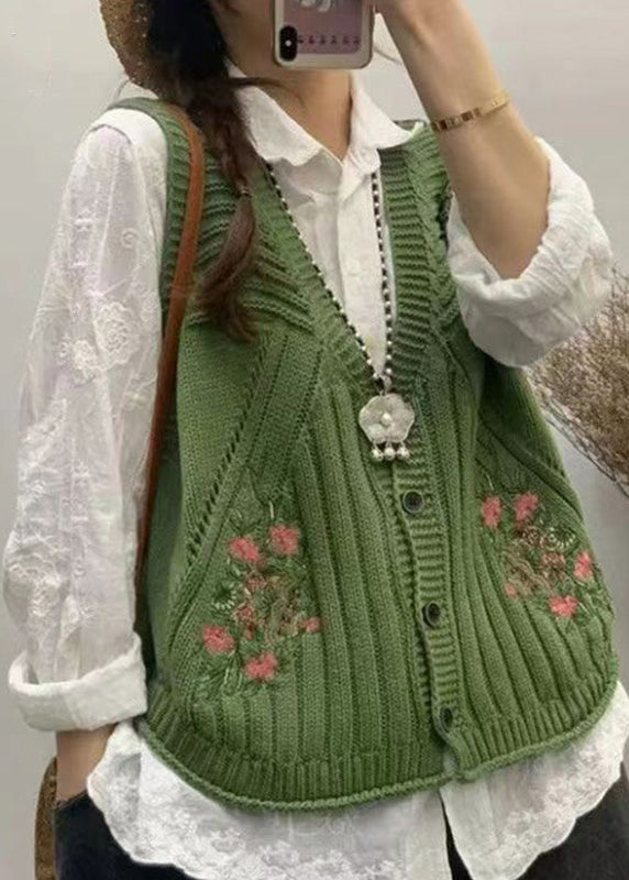 Green V Neck Embroidered Knit Vest Fall