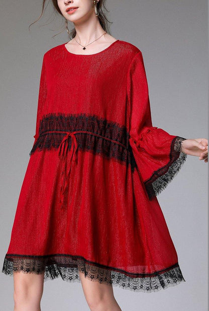 Handmade Red Patchwork Chiffon Flare Sleeve Summer Mini Dresses