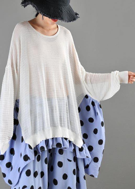 Summer Crew Neck Stitched T-shirt Pullover Loose Wave Point Top