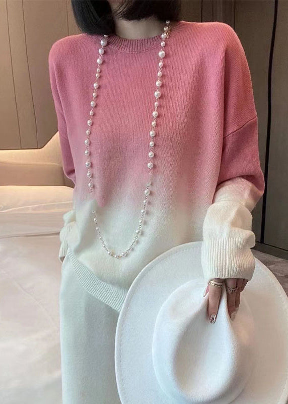 Rose Gradient Color O-neck Cozy Cashmere Knit Sweaters Fall