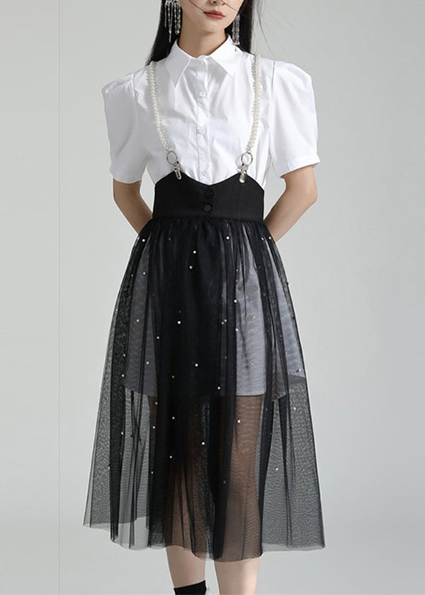 French White Peter Pan Collar Shirt Dresses and Tulle Skirt Two Pieces Set Summer