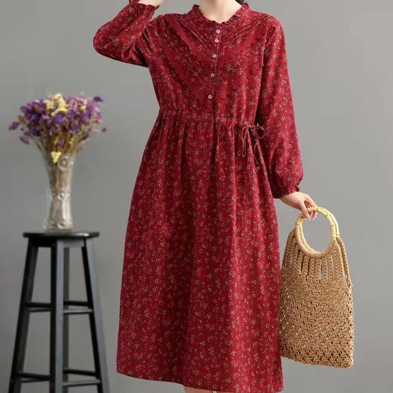 Blue Pockets Print Loose Fall Maxi Dress Long Sleeve