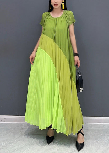 French Green O Neck Print Patchwork Chiffon Dresses Summer
