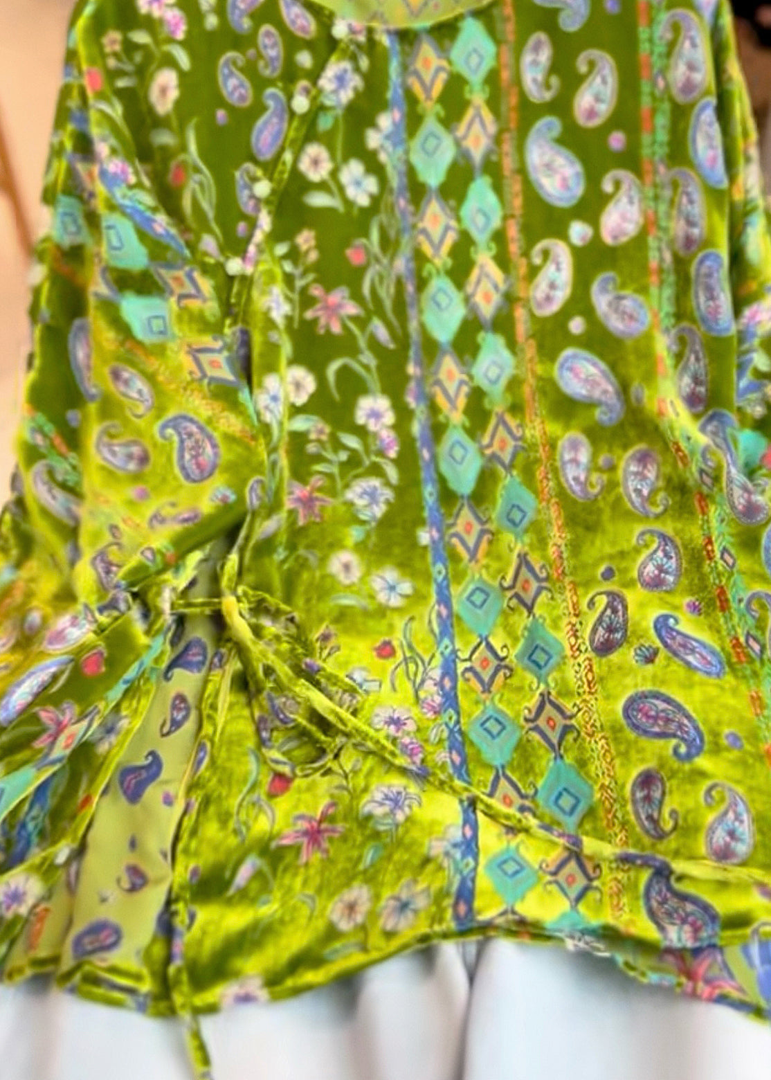 Green Print Tie Waist Silk Velour Tops Three Quarter Sleeve