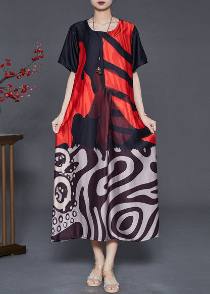 Red Oversized Print Silk Holiday Dress Summer