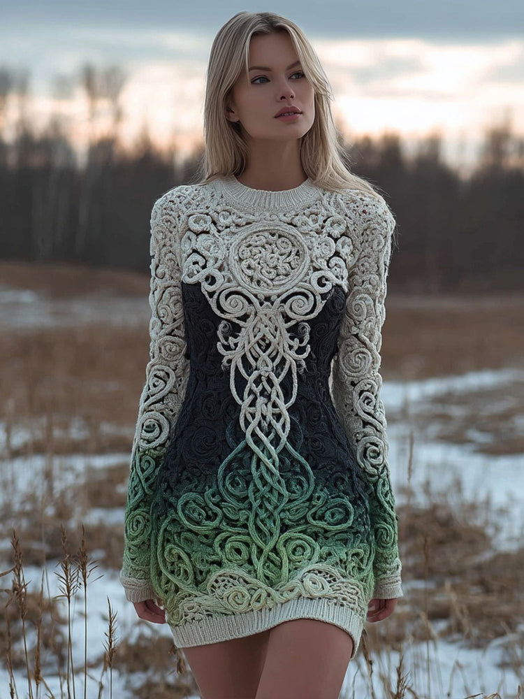Viking Tree Of Life Vintage Gradient Mini Sweater Dress artswardrobe