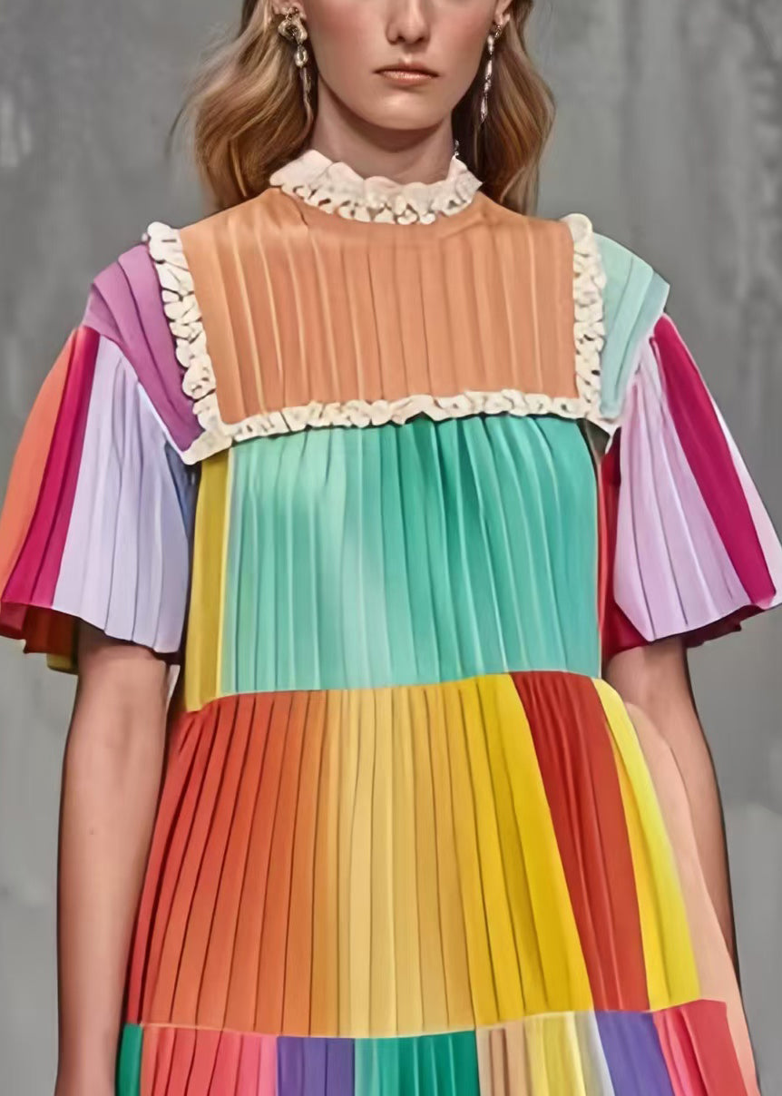 Rainbow Ruffled Patchwork Wrinkled Chiffon Mini Dress Summer