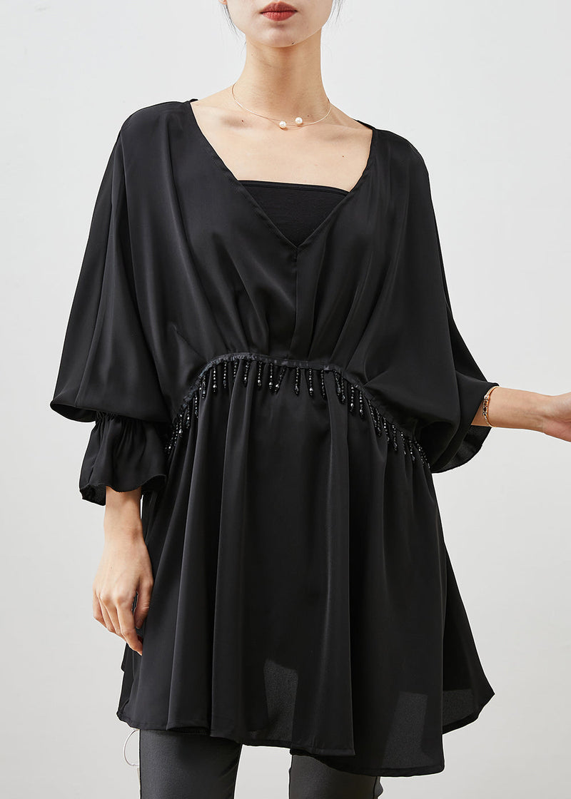 Black Tasseled Exra Large Hem Chiffon Shirt Top Spring