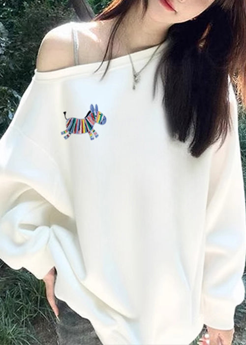 Loose White Print Cotton T Shirts Top Fall