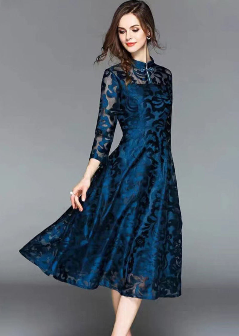 Blue Stand Collar Oriental Button Lace Long Dress Fall