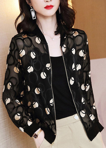 Black V Neck Print Zippered Silk Upf 50+ Coat Long Sleeve
