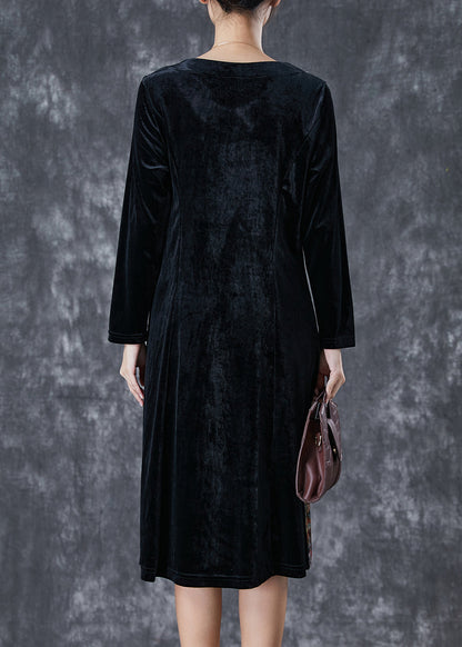 Black Exra Large Hem Patchwork Silk Velour Vacation Dresses Fall