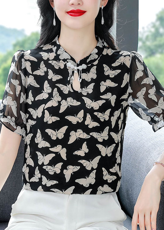 Black Stand Collar Print Chiffon Shirts Summer