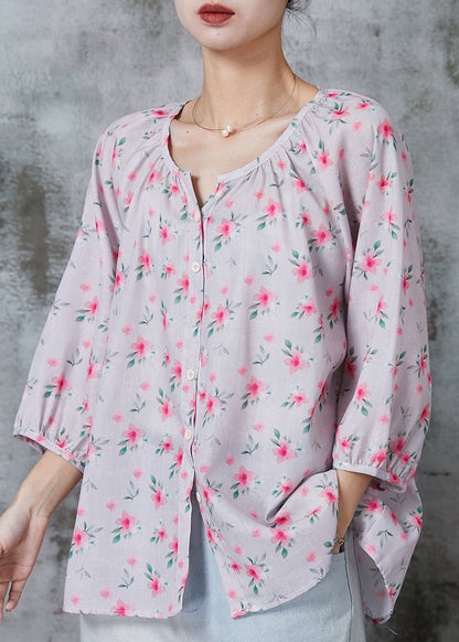 Pink Print Cotton Shirt Tops O-neck Bracelet Sleeve