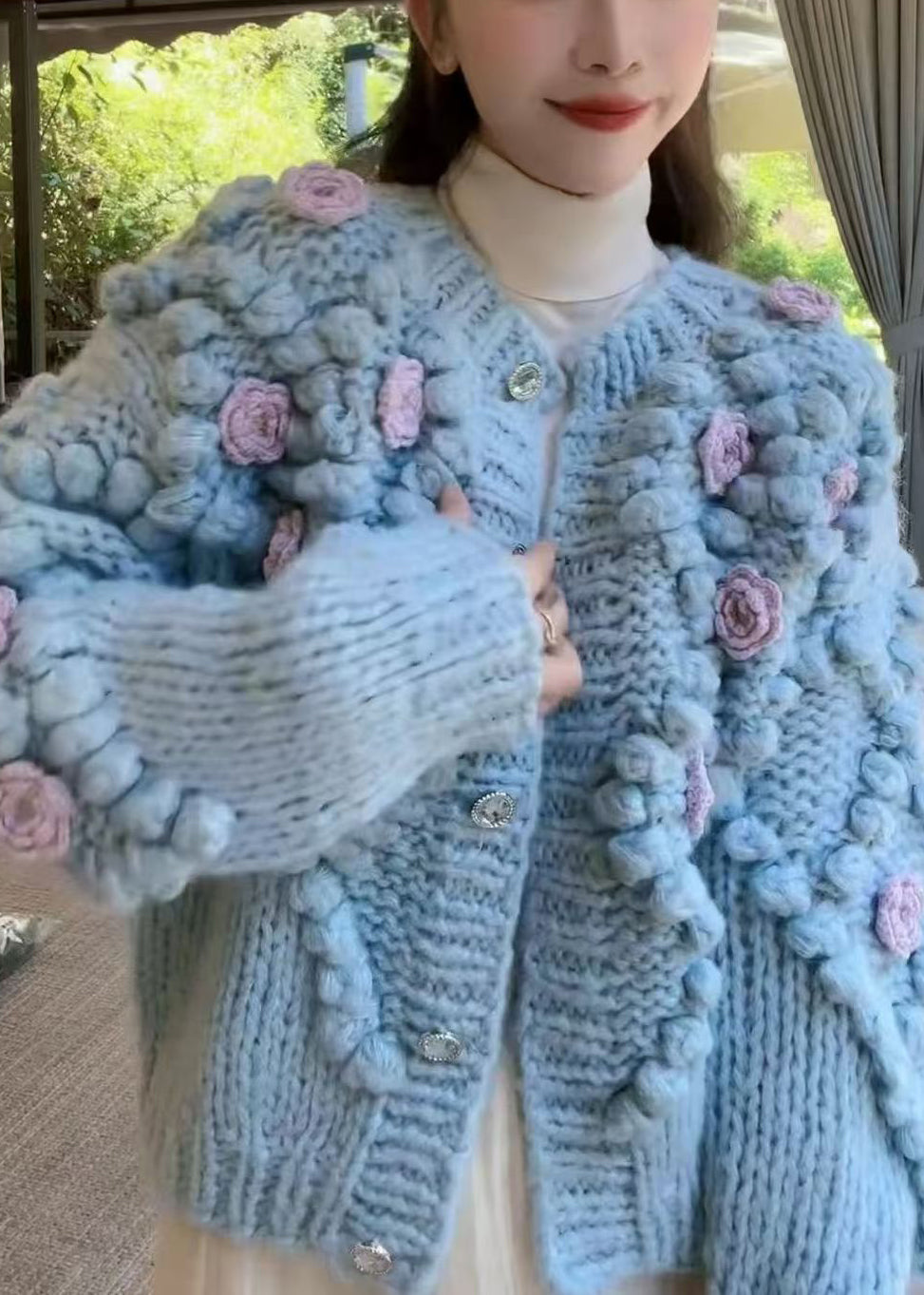 Blue O Neck Button Cozy Knit Coat Winter