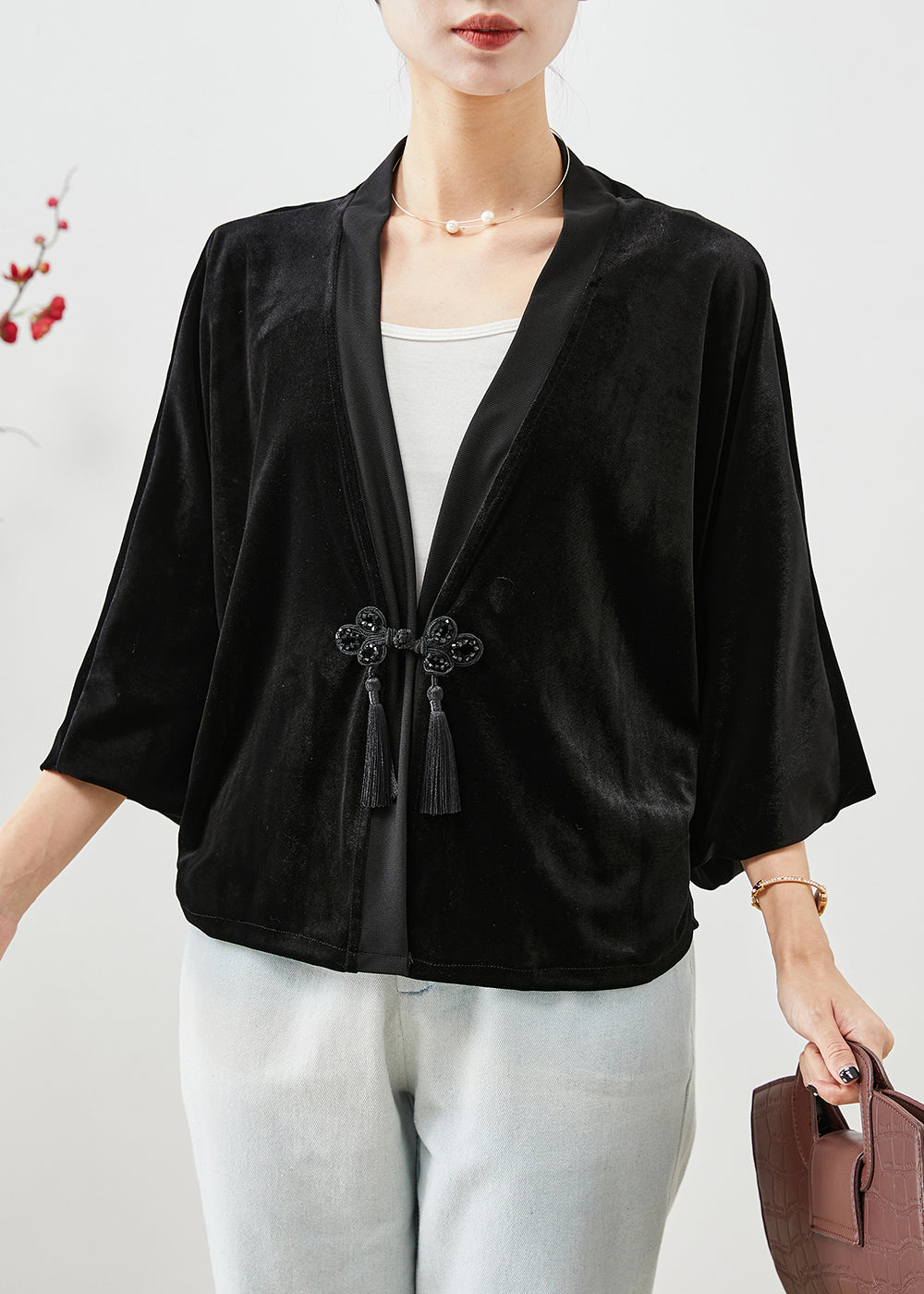 Black Tasseled Chinese Button Silk Velour Coats Fall