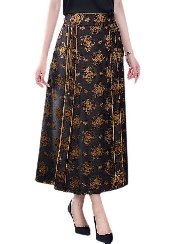 Print High Waist Tie Waist Pockets Silk a Line Skirt Fall