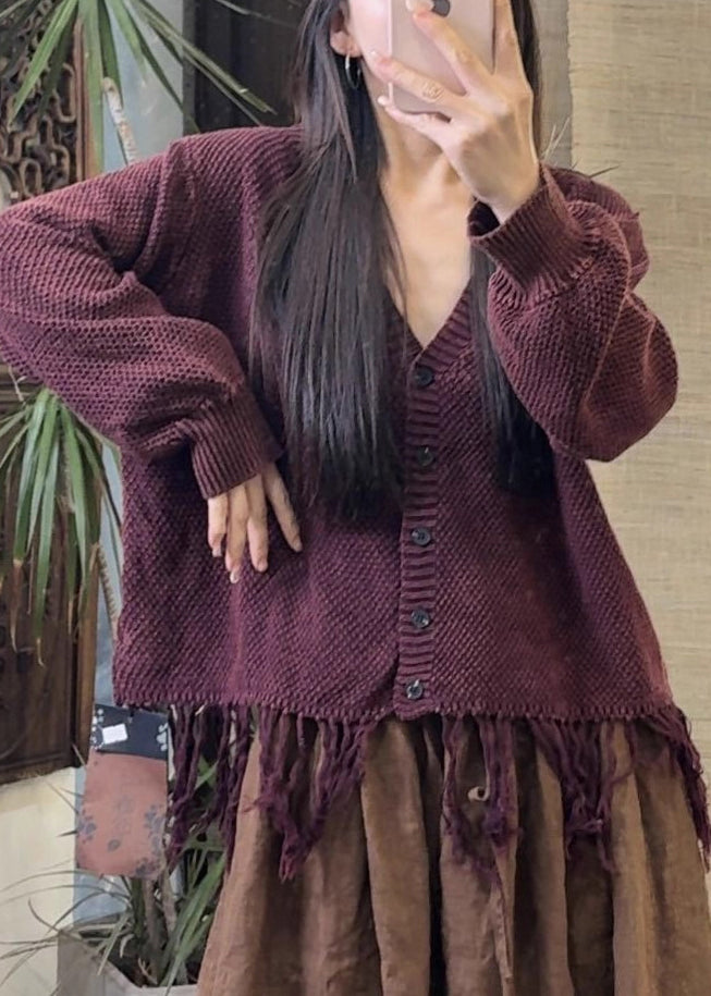 Red V Neck Button Tasseled Knit Sweater Spring