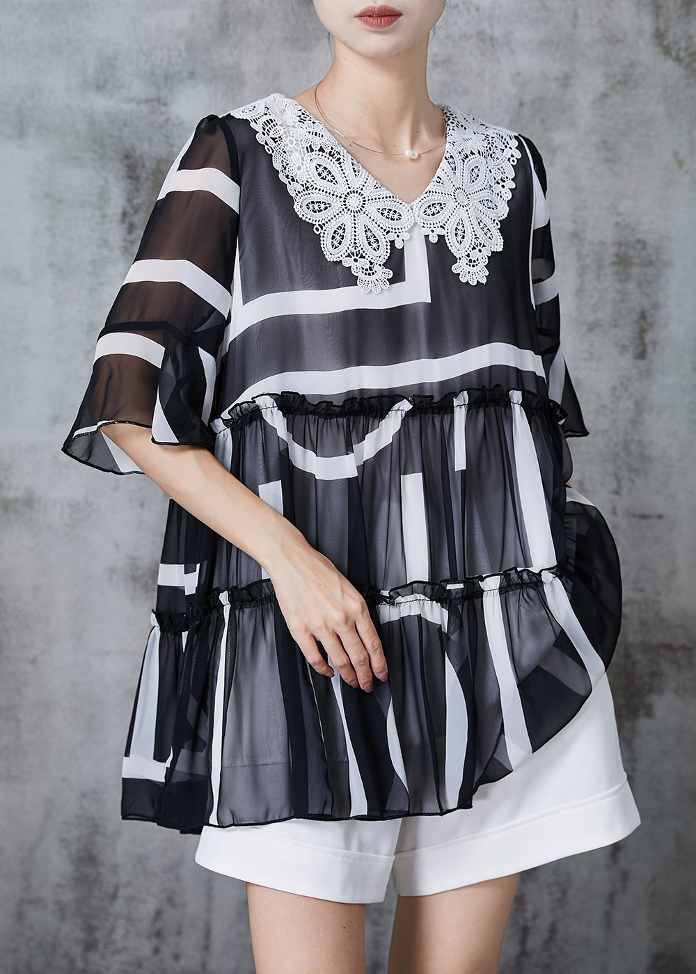 Black Ruffled Patchwork Chiffon Tank Summer