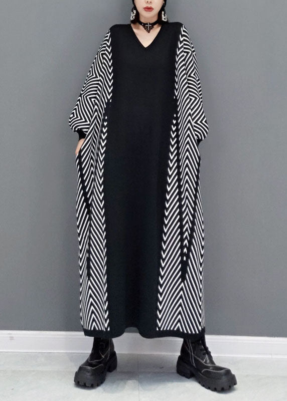 Black V Neck Knit Ankle Dress Spring