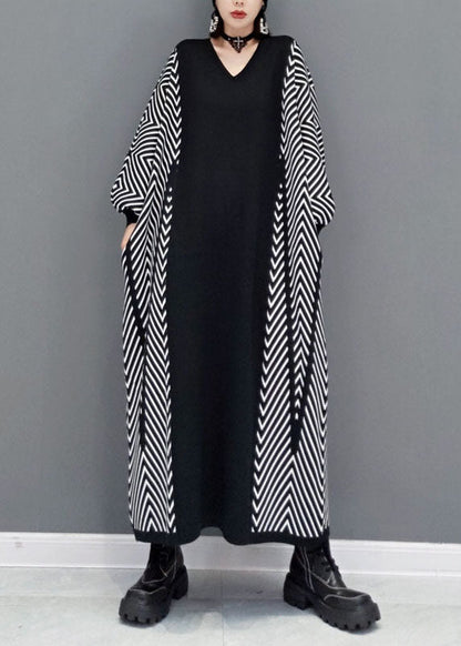 Black V Neck Knit Ankle Dress Spring