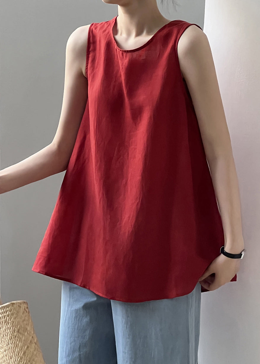 Red Lace Up Cotton Tops Sleeveless