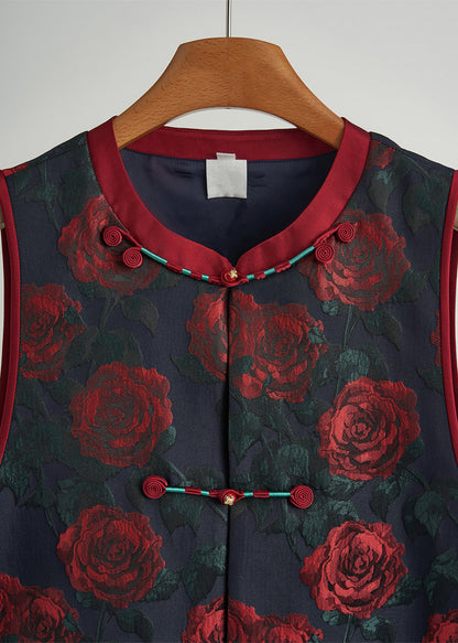 Black Chinese Button Jacquard Silk Vests Fall